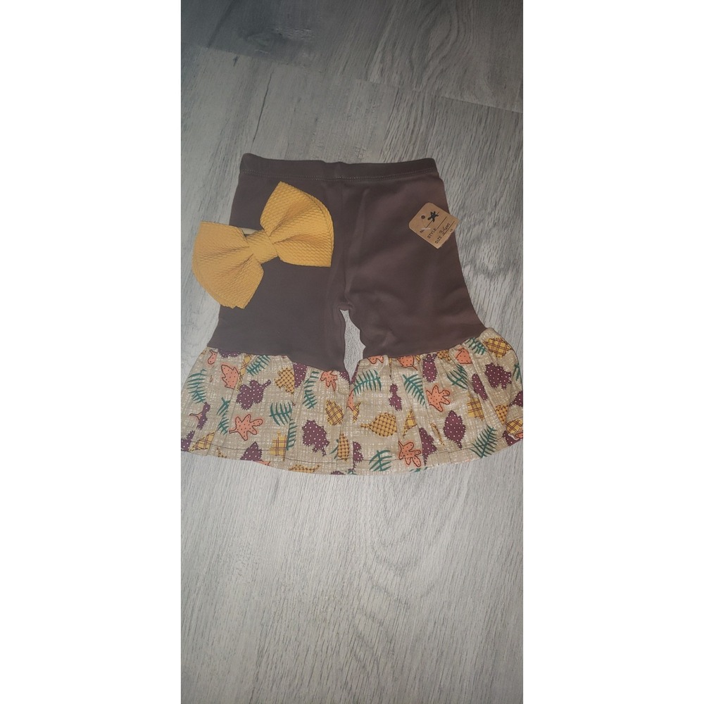 Welcome to the World Baby Girl Brown Fall Leaf Ruffle Bell Bottoms Bow Set 0-3M